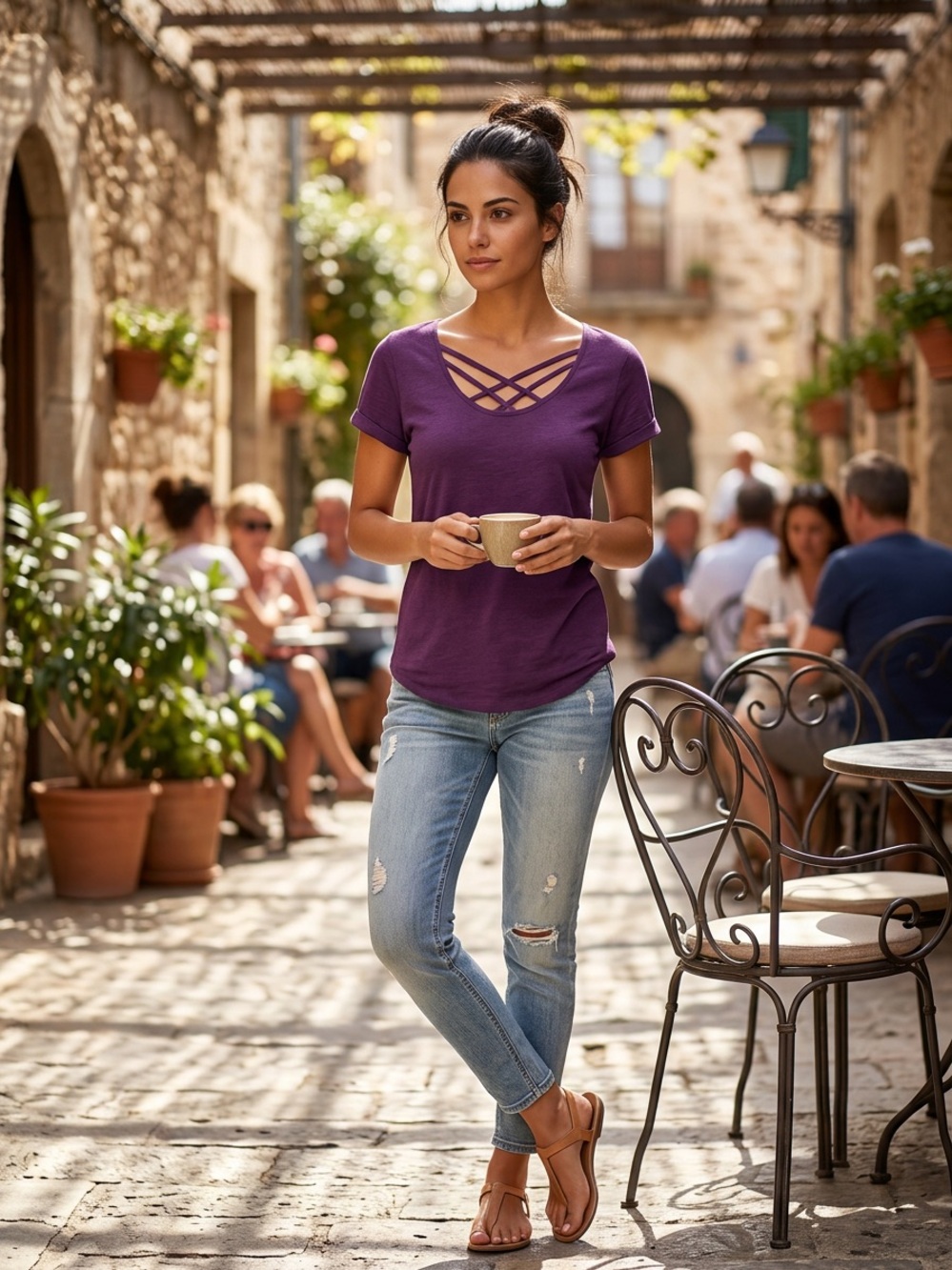 Women's Crisscross V-Neck Short Sleeve Tee - Purple